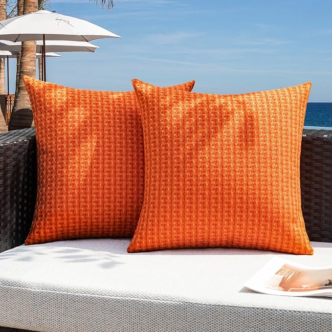 Kevin Textile Fall Outdoor Waterproof Throw Pillow Covers Pack of 2 Weaving Texture Water Resistant Outside Decorative Cushion Covers for Garden Patio Tent Balcony Bench Couch Sofa 16x16 Inch, Orange