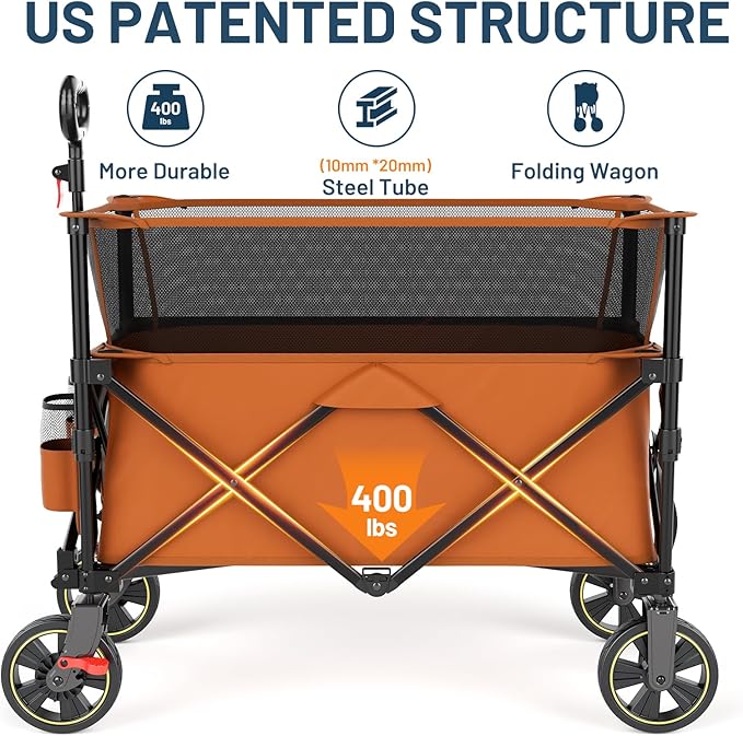 TIMBER RIDGE 350L Extra Large Collapsible Folding Wagon Carts with Brake, Heavy Duty Outdoor Camping Utility Wagons with Extended Height, Adjustable Handle, Cup Holders, Side Bag(Orange)