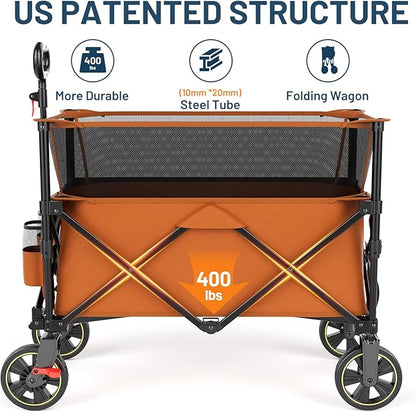 TIMBER RIDGE 350L Extra Large Collapsible Folding Wagon Carts with Brake, Heavy Duty Outdoor Camping Utility Wagons with Extended Height, Adjustable Handle, Cup Holders, Side Bag(Orange)