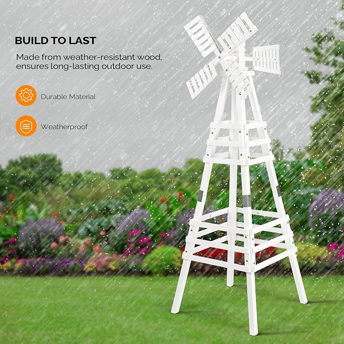Wooden Windmill, Weather-Proof Wind Spinner, Outdoor Wind Mill for Garden Lawn Patio Decoration (White, Medium)