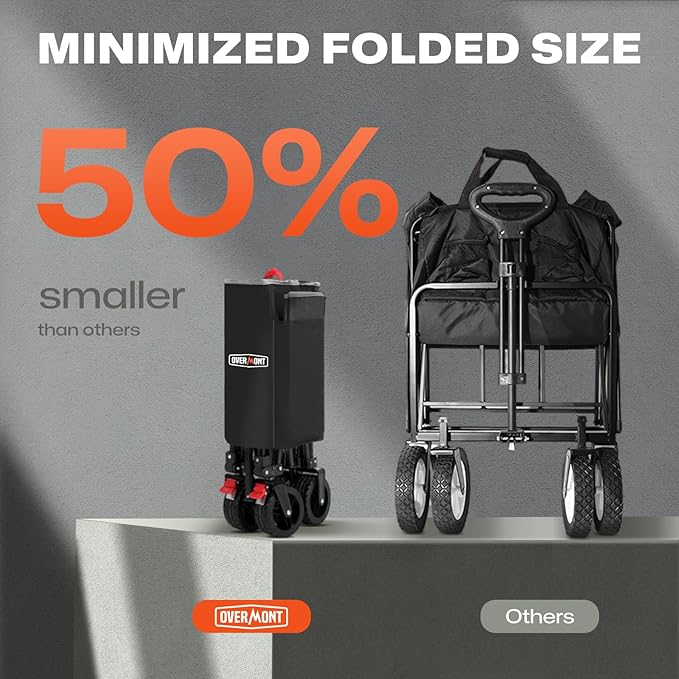 Overmont Collapsible Wagon Cart with Wheels - 180L Foldable Heavy Duty Wagon with Big All-Terrain Wheels - 330Lbs Weight Capacity with Side Pockets for Camping Sports Garden Grocery Shopping Black