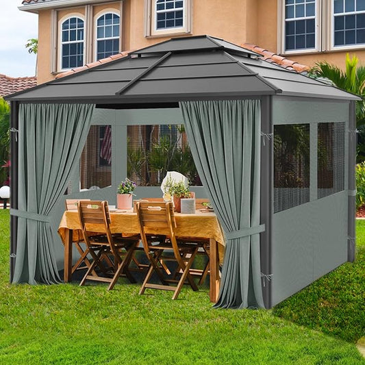 Gazebo Privacy Curtain 10'x12', Replacement Curtains with Mosquito Net Windows, 4-Panels Side Wall, Zippers, Waterproof Outdoor Curtains for Patio, Canopy, Garden and Backyard, Gray (Curtain Only)