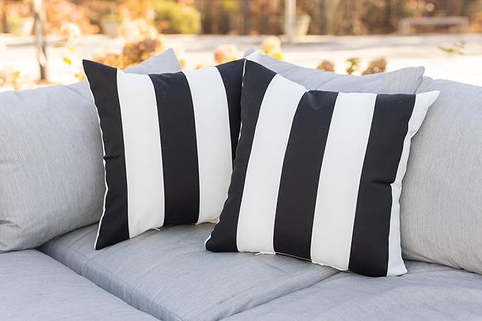 RSH DECOR: 6-Pack Pillow Set, All-Weather Water & Fade-Resistant Fabric, 17" Square, 20"x12" Lumbar 20"x6" Neck Roll Pillows, Outdoor Pillows for Patio Furniture, Black & White Stripe - Made in USA