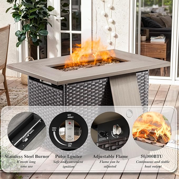 HUMMUH 4-Piece Patio Furniture Set with Fire Pit Table Wicker Outdoor Swivel Rocker Patio Chairs High Back Loveseat Conversation Set for Porch, Backyard, Deck
