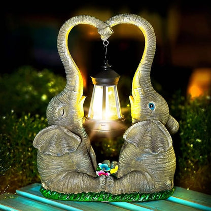 Elephant Statue Garden Decor with LED Solar Lights-Set of 2 Good Luck Elephant Outdoor Statue Christmas Decorations for Yard Patio,Porch,Home -Mothers Day Gifts for Women, Mom, Grandma