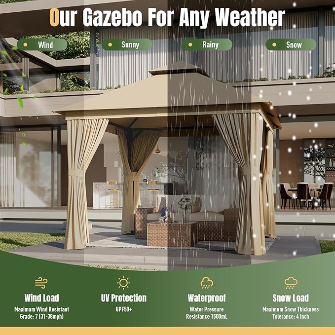 AOXUN Outdoor Gazebo for Patio 10x10, Metal Frame Canopy with Double Roofs, Heavy Duty Party Tent and Shelter with Mosquito Netting and Privacy Screen for Backyard, Lawn, Garden, Deck (Beige)