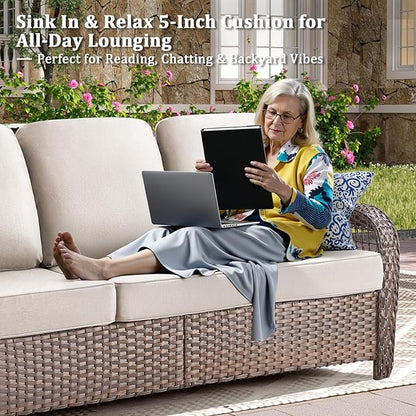 10 Pieces Patio Furniture Set Outdoor Sectional Sofa Couch with Rocking Swivel Chairs 5" Deep Seat Chairs, Modern Wicker Rattan Conversation Set, Beige/Brown Wicker