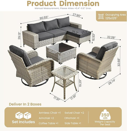 HOOOWOOO Outdoor Sectional Furniture Set,8 Pieces Wicker Patio Conversation Sets,L Shape All Weather Outside Couch Sofa Set with Swivel Chairs Solar Light Table Ottoman,Black