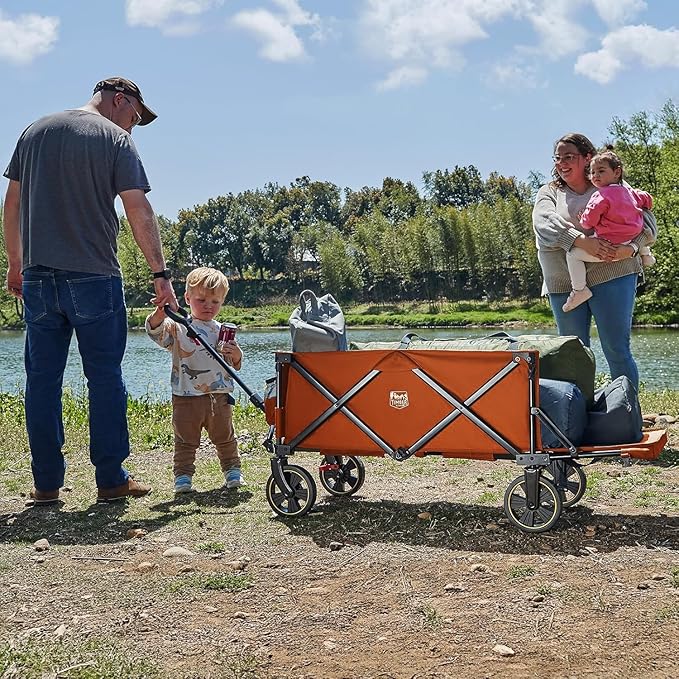 TIMBER RIDGE 49" Extra Long Collapsible Folding Wagon with Tailgate and Brakes, 250L Capacity All-Terrain Wagon Carts Foldable, 300lbs Portable Cart for Dog, Garden, Outdoor Camping Sports, Orange