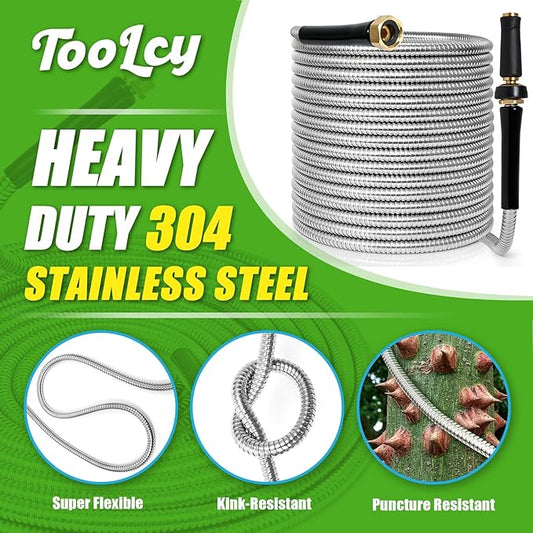 TOOLCY 25 FT Metal Water Hose Stainless Steel Garden Hose with Brass Nozzle - Heavy Duty, No Kink, All Weather, Super Flexible Garden Hoses for Outdoor, Lawn