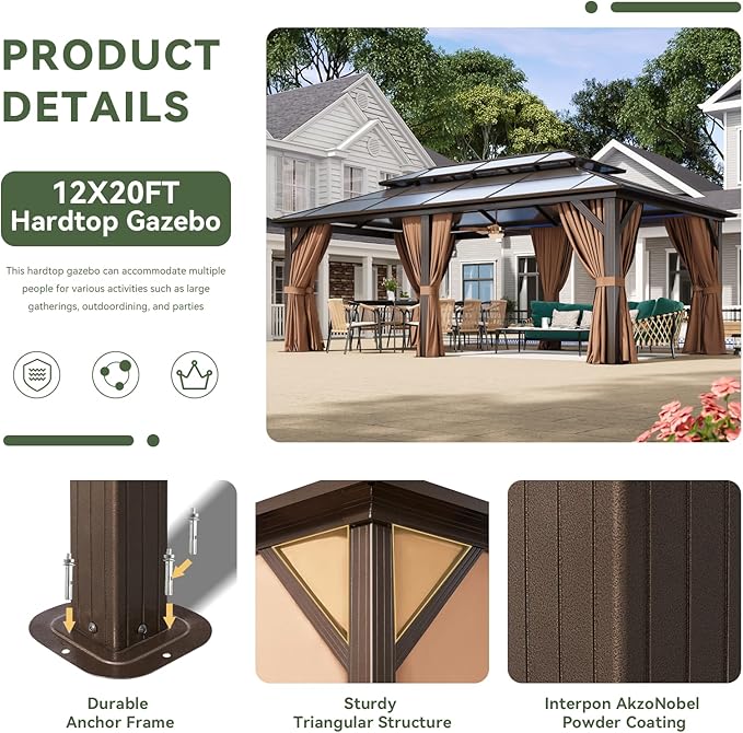 Aoxun 12'x20' Hardtop Gazebo, Aluminum Frame Permanent Pavilion with Netting and Curtains, Outdoor Polycarbonate Double Roof Canopy, Designed for Lawn, Garden, Patio (Khaki)