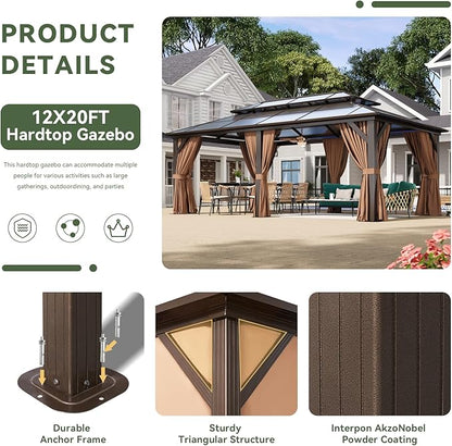 Aoxun 12'x20' Hardtop Gazebo, Aluminum Frame Permanent Pavilion with Netting and Curtains, Outdoor Polycarbonate Double Roof Canopy, Designed for Lawn, Garden, Patio (Khaki)