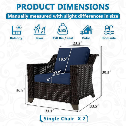 Vista Vibe 2 Pieces Outdoor Armchairs, Patio Conversation Furniture Set, Washable Cushions, Luxurious Hand-Woven PE Rattan, Garden, Bistro, Deck, Backyard (Brown/Navy)