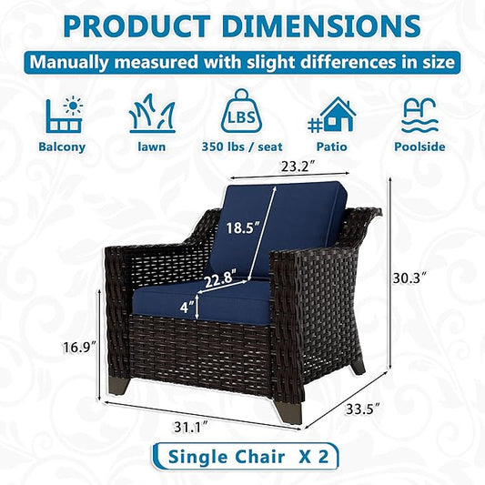 Vista Vibe 2 Pieces Outdoor Armchairs, Patio Conversation Furniture Set, Washable Cushions, Luxurious Hand-Woven PE Rattan, Garden, Bistro, Deck, Backyard (Brown/Navy)