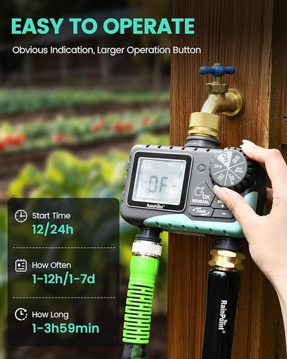 RAINPOINT Sprinkler Timer 2 Outlet, Water Timer for Garden Hose, for Yard Outdoor Watering, Rain Delay/Manual/Automatic System Controller Brass Inlet, V2