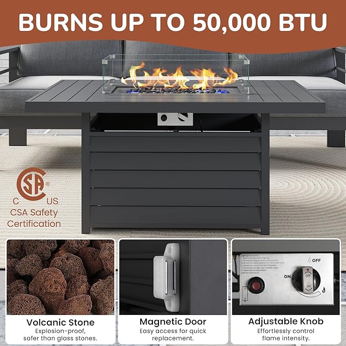 Solaste Aluminum Patio Furniture Set with Fire Pit Table, 7 Seats Metal Outdoor Furniture with Water-Resistant Cushions, Modern Patio Conversation Set for Balcony, Front Porch, and Backyard, Grey