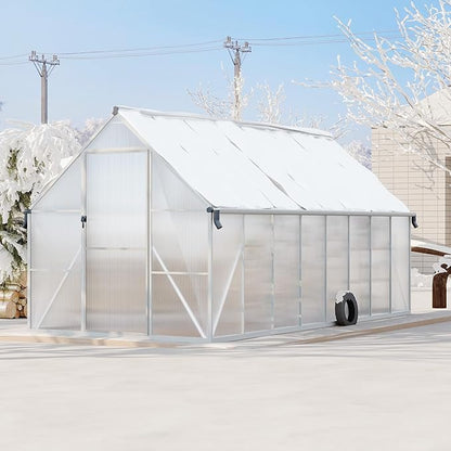 8X16 ft Polycarbonate Greenhouse with Aluminum Frame, Polycarbonate Greenhouse for Outdoors, Greenhouses with Ventilation and Rain Gutter, Aluminum Large Walk-in Greenhouses for Outside
