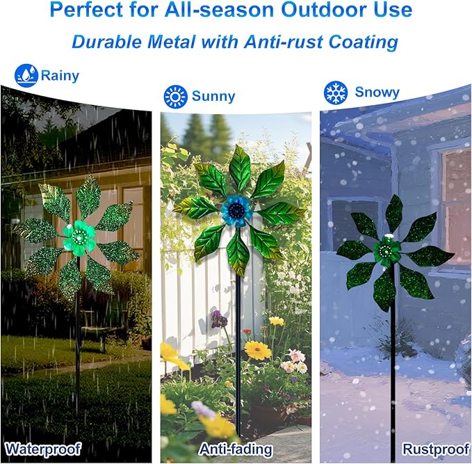 Glow-in-Dark Metal Wind Spinner for Yard and Garden, Outdoor Luminous Wind Spinners Yard Art Garden Decor (13.4" W x 47" H) Blue