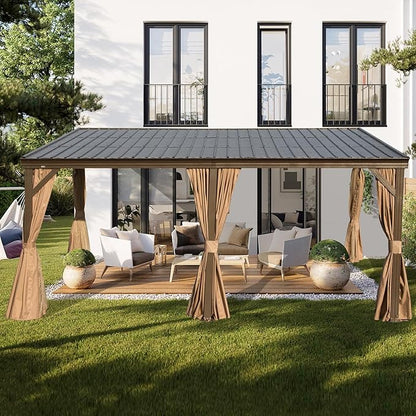 Domi 12x16FT Wall-Mounted Hardtop Gazebo, Aluminum Lean to Gazebo with Galvanized Steel Sloping Roof, Curtains & Netting for Outdoor Patio, Deck, Backyard, Garden Parties