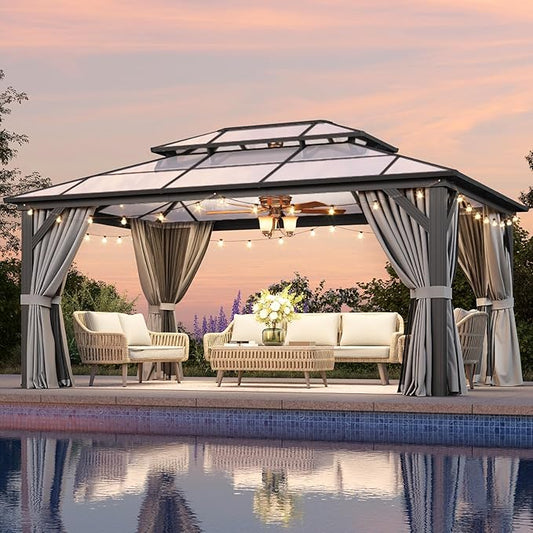 Aoxun 12'x16' Hardtop Gazebo, Aluminum Frame Permanent Pavilion with Curtains and Netting, Outdoor Polycarbonate Double Roof Canopy, Designed for Garden, Lawns (Gray)