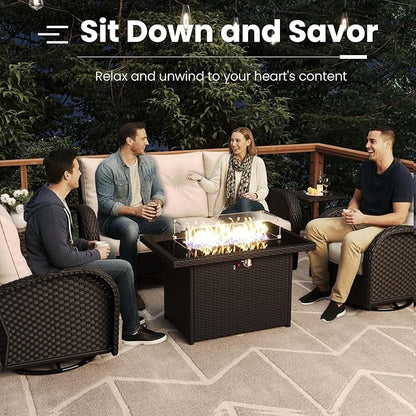 10 Pieces Patio Furniture Sets with Fire Pit Table, Wicker Rattan High Back Outdoor Swivel Rocking Chairs Set with 3-Seat Couch, Ottomans and Side Table