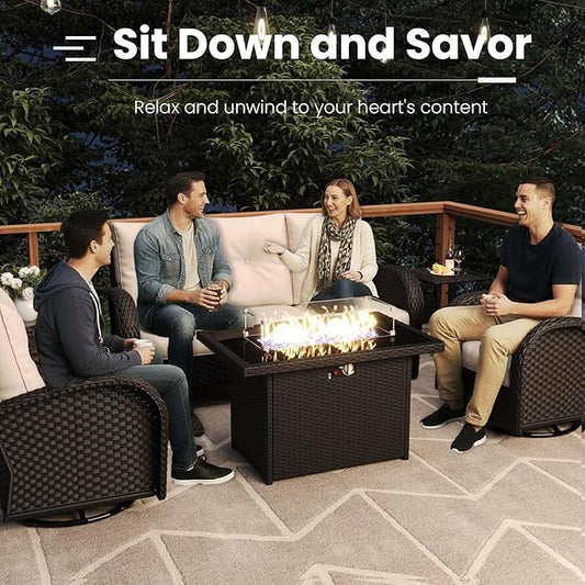 7 Pieces Patio Furniture Sets with Fire Pit Table, Wicker Rattan High Back Outdoor Swivel Rocking Chairs Set with 3-Seat Couch, Ottomans and Side Table