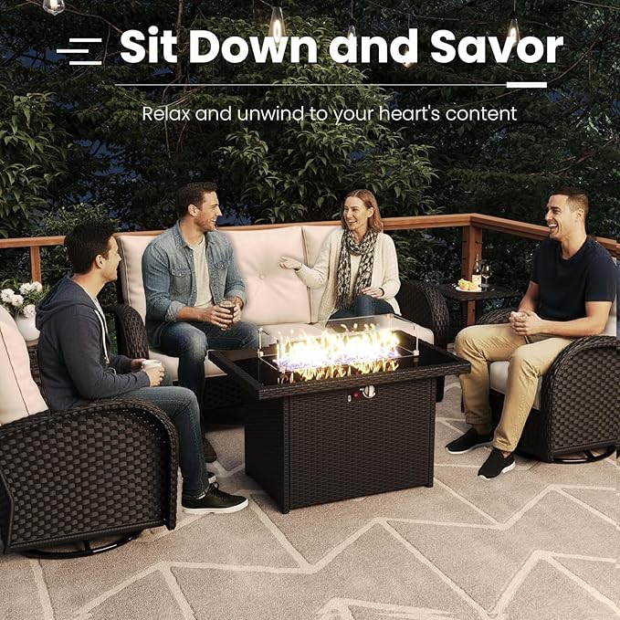 7 Pieces Patio Furniture Sets with Fire Pit Table, Wicker Rattan High Back Outdoor Armchairs Set with 3-Seat Couch, Ottomans and Side Table