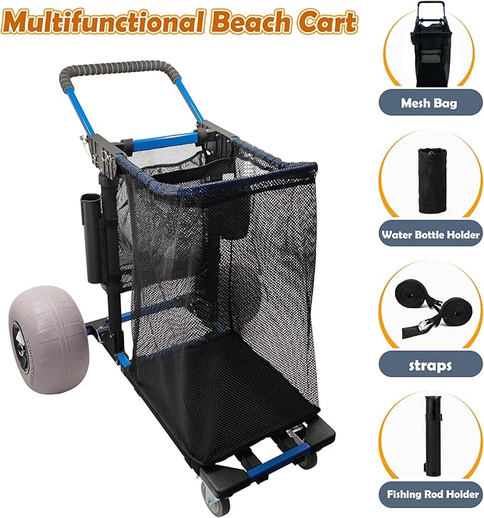 Beach Cart Foldable Fishing Trolley with 12 inch Balloon Wheels for Sand All-Terrain