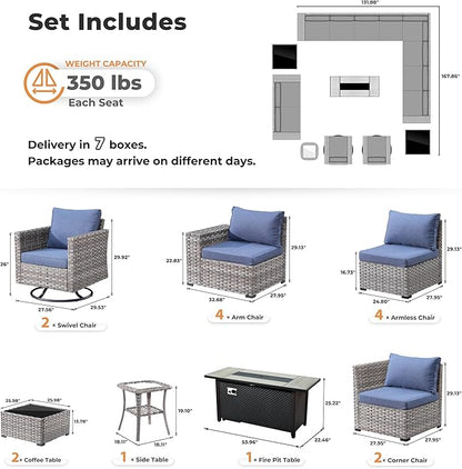 ovios 16 Pieces Patio Furniture Set, Outdoor Wicker Sectional Sofa with 54" Fire Pit Table Swivel Chairs, Modern Modular Deep Seat Rattan Couch Conversation Sets, Denim Blue