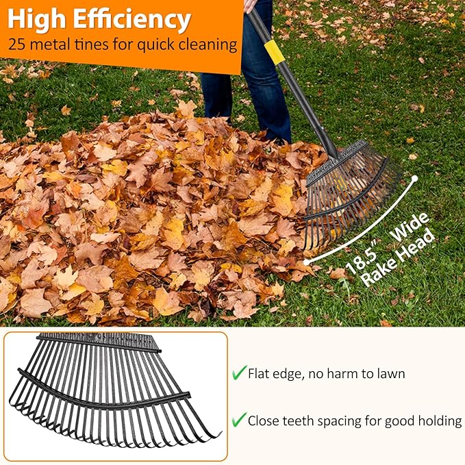 Rake, Garden Rake for Leaves, Heavy Duty Metal Leaf Rakes with 37-65 inch Adjustable Steel Handle, 25 Tines 18" Wide Rake Garden Tools for Lawns Yard Flower Bed Grass Mulch Shrub Camping Gardening