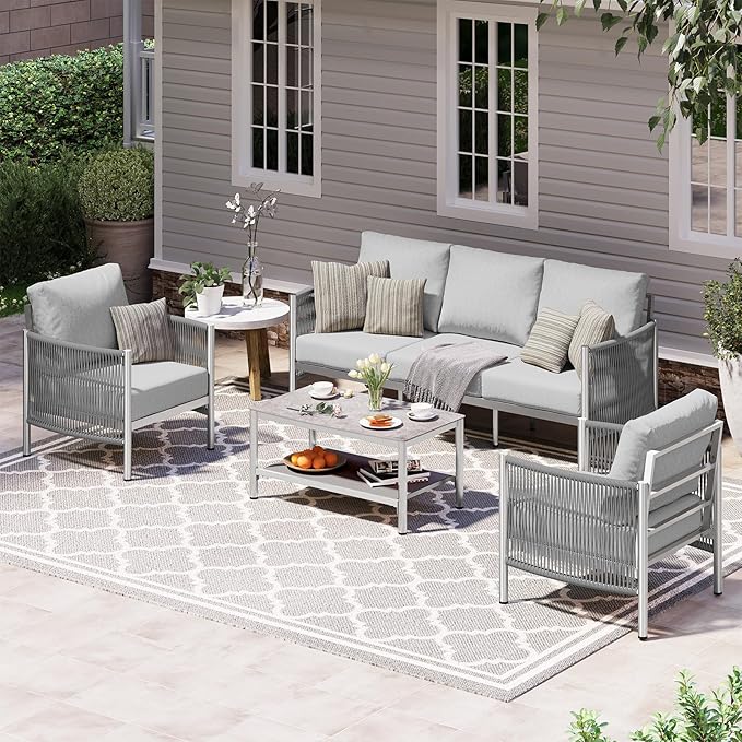 Aluminum Outdoor Patio Furniture Set, HDPE Rope 4 Piece Modern Sectional Conversation Sets with Dual-Layer Coffee Table, All Weather Patio Couch Set with Thick Cushions, Silver Frame, Silver