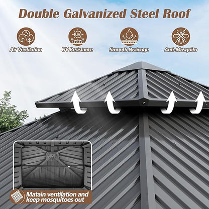 10 x10FT Wood Gazebo,Outdoor Wooden Hardtop Gazebo with Galvanized Steel Doule Roof,Cedar Wood Frame Gazebos with Netting &Curtainfor Patio Backyard Deck