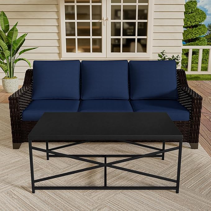 Vista Vibe 2 Pieces Outdoor Patio Conversation Furniture Set - 78" 3-seat Sofa | Metal Coffee Table, Deep Seat Loveseat, Removable Cushions, Hand-Woven PE Rattan Couch, Lawn (Brown/Navy)