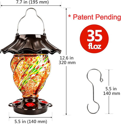 LUJII Solar Hummingbird Feeder for Outdoors Hanging with Color Changing, Hand Blown Glass, 35 fl.oz, Never Leak, Lighted Lantern for Garden Decoration, Unique Gift for Bird Lovers, Red