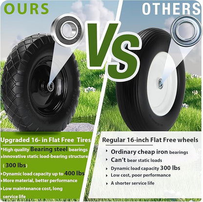 Upgraded 16" Flat Free Wheelbarrow Wheels and Tires, 4.80/4.00-8 Solid Wheelbarrow Tires with 5/8"&3/4" Bearings,14"-16" Universal Fit Wheelbarrow Wheels for Wheelbarrows/Garden Trailer