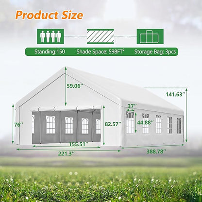 20x32 FT Heavy Duty Party Tent, White Outdoor Canopy with Removable Sidewalls & 3 Storage Bags, Waterproof Gazebo for Wedding, Camping, BBQ, and Commercial Events