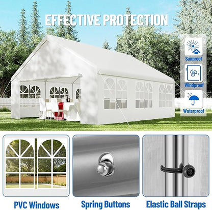 20'X20' Party Tent with Removable Sidewall Windows, Outdoor Heavy Duty Wedding Gazebo, Event Shelter Wedding Canopy Tent for Parties Carport BBQ, White & Straight Edge