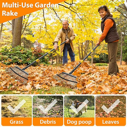 Rake, Garden Rake for Leaves, Heavy Duty Metal Leaf Rakes with 37-65 inch Adjustable Steel Handle, 25 Tines 18" Wide Rake Garden Tools for Lawns Yard Flower Bed Grass Mulch Shrub Camping Gardening