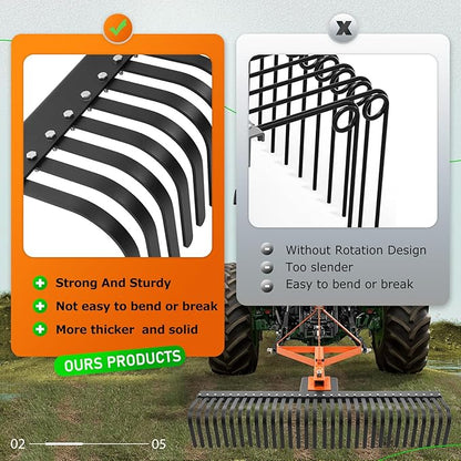 KUAFU 60 in Landscape Rake, 3 Point Rake Compatible with Category-1 Tractor, 360 Degree Rotation Tow-Behind Garden Tool for Compact Tractors for Farm, Garden, Clearing Brush, Raking Arenas 2 Package