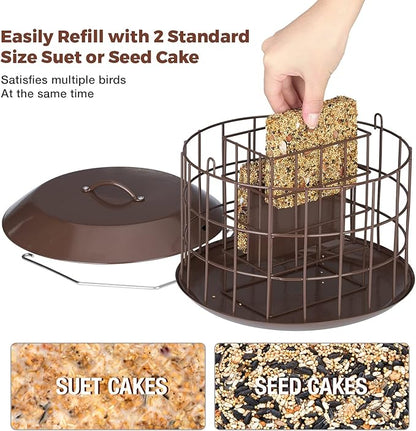 Kingsyard Squirrel Proof Suet Feeder, Cage Bird Feeders for Outdoors Hanging, All Metal, Double Suet Cake Capacity, Tray & Weatherproof, Brown