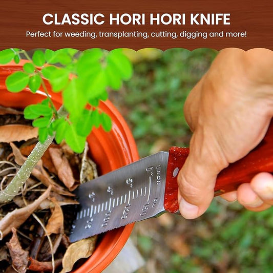Garden Guru Hori Hori Garden Knife Supreme Set for Weeding, Digging, Pruning, and Cultivating - Stainless Steel Full Tang Blade | Marks for Measuring Planting Depth | Premium Leather Sheath (2 Pack)