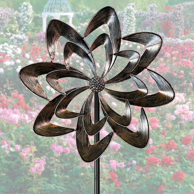 GUAGUA Classical Metal Wind Spinner Outdoor, 360 Degrees Swivel Wind Spinners for Yard and Garden, 74 in Wind Sculptures Willow Leaves Patio Decor (Bronze)