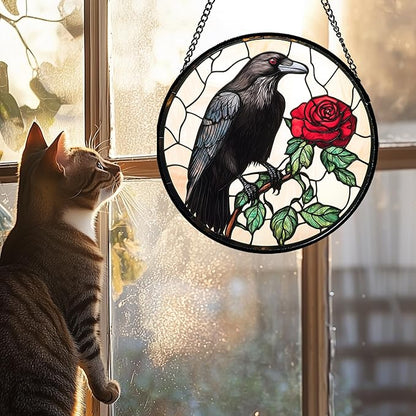 Stained Glass Window Hanging - Black Crow Red Rose Suncatcher for Doors Garden Patio Bird Sun Catchers Decor Christmas Mother's Day Birthday Gifts for Women Men Mom Nana Friend 6.3 in