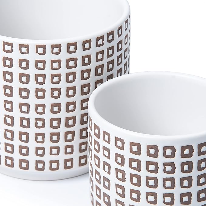 D'vine Dev Set of 2 Ceramic Planter Pots with Drainage Hole and Saucer, 6 Inch Plant Pots for Plants Indoor Houseplants, White, 99-Z-A-1-Y