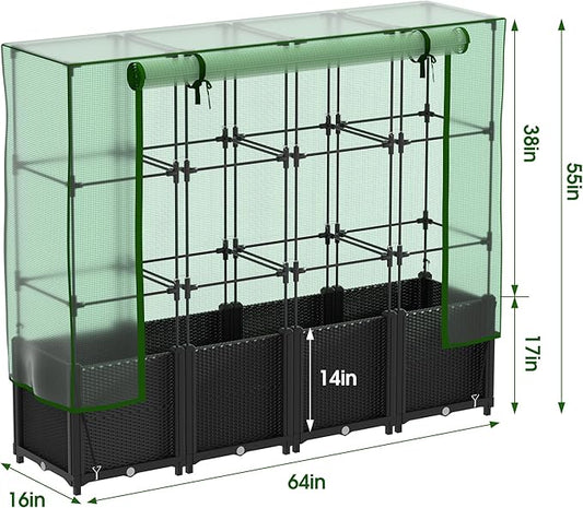Onelike 64'' x 16'' x 55.5'' Plastic Raised Garden Bed with Greenhouse Cover and Trellis, Vertical Tomato Planters for Climbing Plants, Self Watering System Tomatoes Cage for Patio,Black,Large