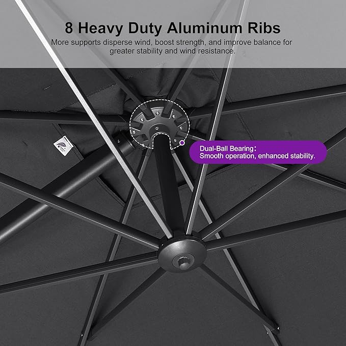 PURPLE LEAF 10 FT Cantilever Patio Umbrella Outdoor Aluminum Offset Square Umbrella with 3 Years Fade Resistance Recycled Fabric and 360-degree Rotation for Deck Pool Garden, Graphite Grey
