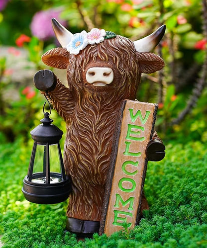Nacome Highland Cow Garden Statue for Decor: Outdoor Sculpture with Solar Lantern and Welcome Sign for Outside Ornament Yard Art Lawn Porch Patio Balcony - Birthday Gifts for Women Mom(Brown)