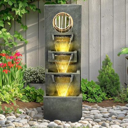 watnature 39.3”H Modern Outdoor Waterfall Fountain - Tall Indoor Relaxing Floor Fountain Outdoor with Light&Pump, Contemporary 4-Tier Outdoor Fountains and Indoor Waterfalls for House, Office, Garden