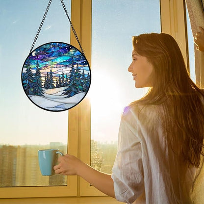 Stained Glass Window Hanging, Starry Sky Trees and Snow Sun Catchers Glass Panel Blue Suncatcher Decor for Birthday for Women, Men, Wife, Aunt, and Mom 7.8 in