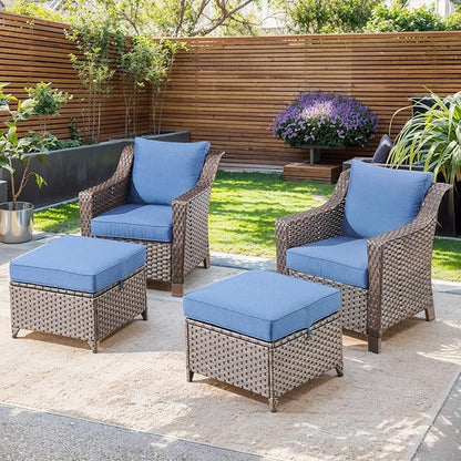 Outdoor Wicker Chair Patio Chairs-Rattan Wicker Chairs with Ottomans Patio Conversation Sets for Porch Garden Balcony Backyard Poolside-Brown/Blue